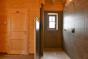 a bathroom with a shower and a door and a window at Feriendorf Blauvogel Blauvogel 031 in Hasselfelde