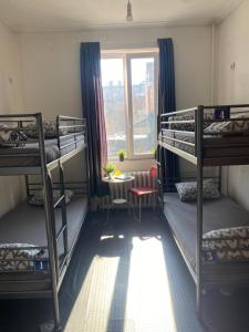 a dorm room with three bunk beds and a window at Bla Bla Hostel in Sofia