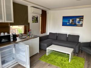 a living room with a couch and a kitchen at Terrasun Apartments in Balatonszárszó