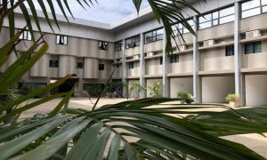an apartment building with a palm tree in front of it at Miliet Hotel in Abidjan