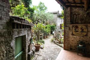 カマイオーレにあるIl Mulino di Candallaの建物の脇に鉢植えが置かれた路地