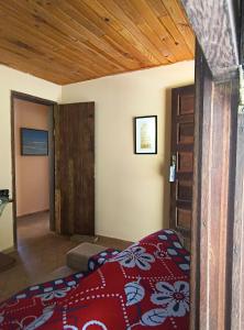 una camera da letto con un letto e un soffitto in legno di Pousada do Artista a Conceição da Ibitipoca