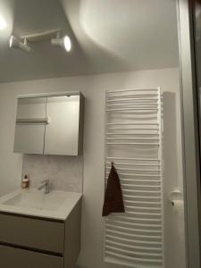 a white bathroom with a sink and a cabinet at Ferienwohnung Goldhahn in Eibenstock +17 photos