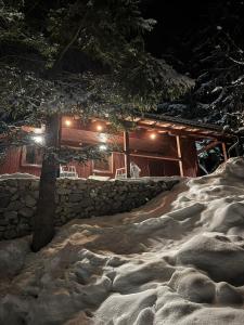 a log cabin with snow in front of it at night at Mountain Mia in Šišava +15 photos