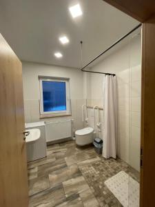 a bathroom with a sink and a toilet and a window at Ferienwohnungen Goldhahn in Eibenstock +26 photos