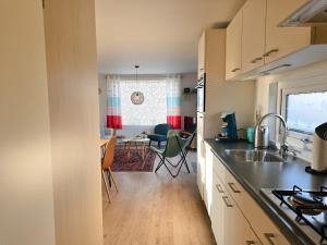 a kitchen with a sink and a living room at Chalet Olmenduin 112 SE16 in Serooskerke