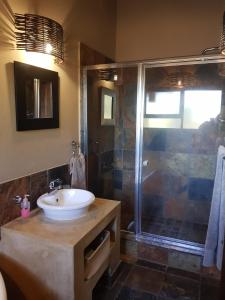 a bathroom with a sink and a shower at Zebula Golf and Wildlife Estate - Squirrel Pandemonium Pax 12 - Moi Signature Luxury villa in Mabula