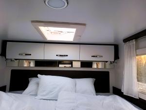 a bedroom with a bed with a skylight above it at Wypożyczalnia kamperów w Lubelskim! Bogata wersja! 5 miejsc Benimar Tessoro 463 in Łaziska