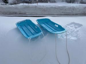 eine blaue Brille im Schnee in der Unterkunft 鬼無里の湯 ホテル&コテージ in Nagano + 57 Fotos