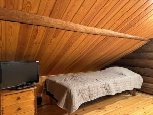 a bedroom with a bed and a flat screen tv at Soutajanhattu in Pyhätunturi