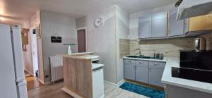 a small kitchen with white cabinets and a sink at Villa Zelly in Sancergues