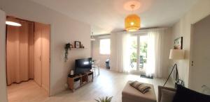 a living room with a couch and a television at Les Capitouls - avec entrée autonome, clim neuve, jardin, parking privé & sa piscine ! - in Toulouse