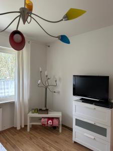 a living room with a flat screen tv on a wall at Barock Hengst Hof in Niederhaverbeck