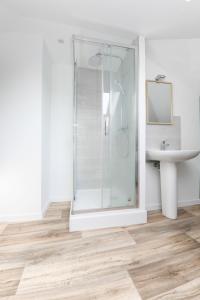 a bathroom with a glass shower and a sink at studio Buhler - Mulhouse centre in Mulhouse