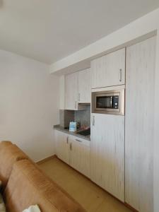 una pequeña cocina con sofá y microondas en MIRAMAR con vistas, en Sierra Nevada