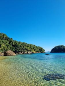 a beach with clear water and trees in the background at Pousada Santa Martha in Ubatuba