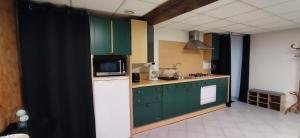 a kitchen with green cabinets and a white refrigerator at Maison chez l'habitant in Bouère