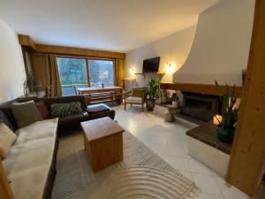 Una sala de estar con un sofá y una chimenea. en Apartment Chamonix Brise du Mont, en Chamonix-Mont-Blanc