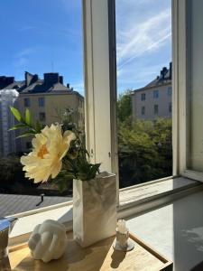 a vase of flowers sitting on a window sill at Cozy studio apartment with amazing location in Helsinki +12 photos