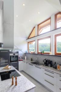 une cuisine avec des armoires et des fenêtres blanches et un comptoir dans l'établissement Villa Katarina, à Mokronog