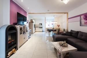 ein Wohnzimmer mit Couch und Kamin in der Unterkunft 5 Sterne Ferienwohnung Zirbe mit eigener Infrarotsauna und Whirlpoolbadewanne in Arnbruck