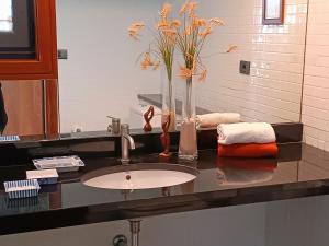 a bathroom counter with a sink and a vase with flowers at MARdeCIES Chalet de vacaciones in Vigo +89 photos