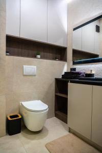 een badkamer met een wit toilet en een wastafel bij Avenue Boutique Luxury N3 in Chişinău +11 foto's