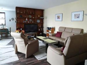 a living room with a couch and chairs and a tv at Paradies Hoffmann in Bad Lauterberg