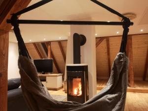 un hamac dans un salon avec une cheminée dans l'établissement Moderne Ferienwohnung Mit Hot Tub Und Fasssauna, à Hohenberg an der Eger