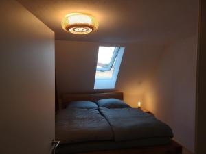 - une chambre avec un lit, une fenêtre et une lumière dans l'établissement Moderne Ferienwohnung Mit Hot Tub Und Fasssauna, à Hohenberg an der Eger 27 autres photos