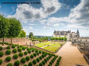 a view of a castle and a garden with bushes at Maison de charme avec Jacuzzi in Vouvray