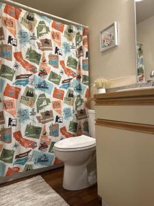 a bathroom with a toilet and a shower curtain at Cozy 3-Bed Retreat in Fairbanks in Fairbanks