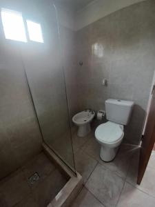 a bathroom with a toilet and a shower and a sink at Complejo DYE in Bialet Massé +4 photos