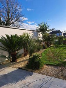 a garden with palm trees in front of a fence at Les reflets du golfe in Arradon