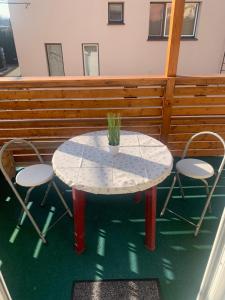 a table with two chairs and a potted plant on it at Apartmán v rodinném domě in Výškovice