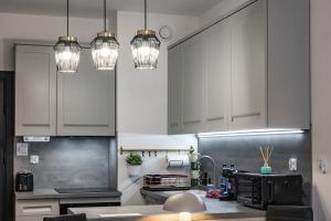 a kitchen with white cabinets and two lights at Elbląg Stare Miasto Bulvar, Old Town, Snake in Elblag
