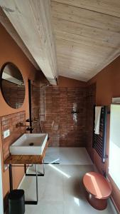 a bathroom with a sink and a toilet and a tub at Kaikna Podere Evolutivo in Montescudaio