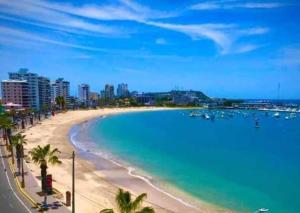 vista su una spiaggia con palme e edifici di Casa de Huéspedes Niño Peregrino a Salinas
