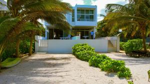 a blue house on the beach with palm trees at Villa Cos beachfront house in San Benito