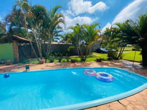 a large blue swimming pool with two inflatables in a yard at Chácara Leão Dourado in Pôrto Feliz