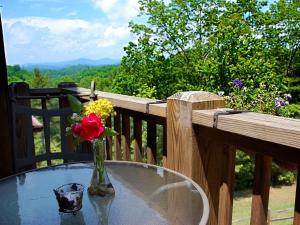a vase with a flower on a table on a balcony at Long Mountain Lodge Bed & Breakfast in Dahlonega