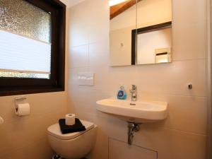 a bathroom with a sink and a toilet and a mirror at Freistehender Ferienbungalow im Fachwerkstil in Burhave +16 photos