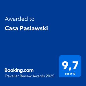 Certifikát, hodnocení, plakát nebo jiný dokument vystavený v ubytování Casa Paslawski