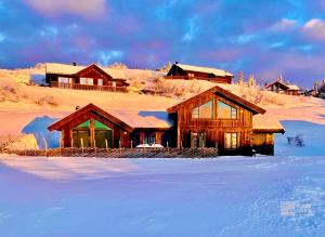 a log cabin in the snow with snow covered at Modern cabin at Høgevarde panoramic view, fireplace and EV station in Granheim