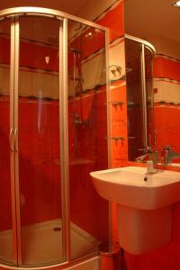 a bathroom with a shower and a sink at Apartment 28 Rubinowy Pod Aniołem in Kazimierz Dolny