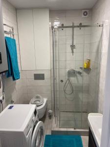 a bathroom with a glass shower with a toilet at Золотой Бугаз, Колоски, апартамент 7/1 in Karolino-Buhaz +15 photos