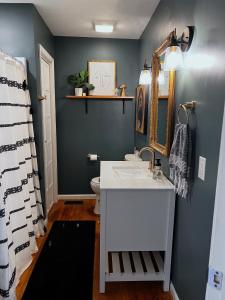 a bathroom with a white sink and a blue wall at Rabbits Run Mountain Retreat in Mentone +41 photos