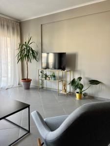 a living room with a tv and a couch and plants at SnappyB Living Spaces in Alexandroupoli