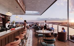 a rendering of a restaurant with people sitting at a bar at voco Gosford by IHG in Gosford