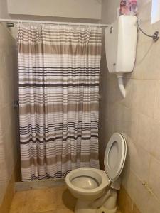 un bagno con un water e una tenda da doccia di El Altillo a La Pedrera